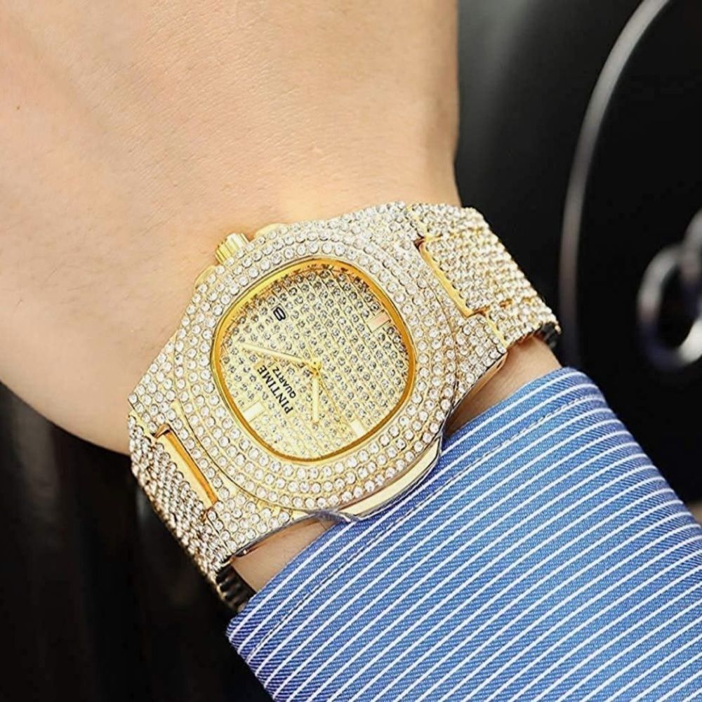 Iced Out Gold Diamond Quartz Watch Big Face Luxury Bust Down Unisex Bracelet